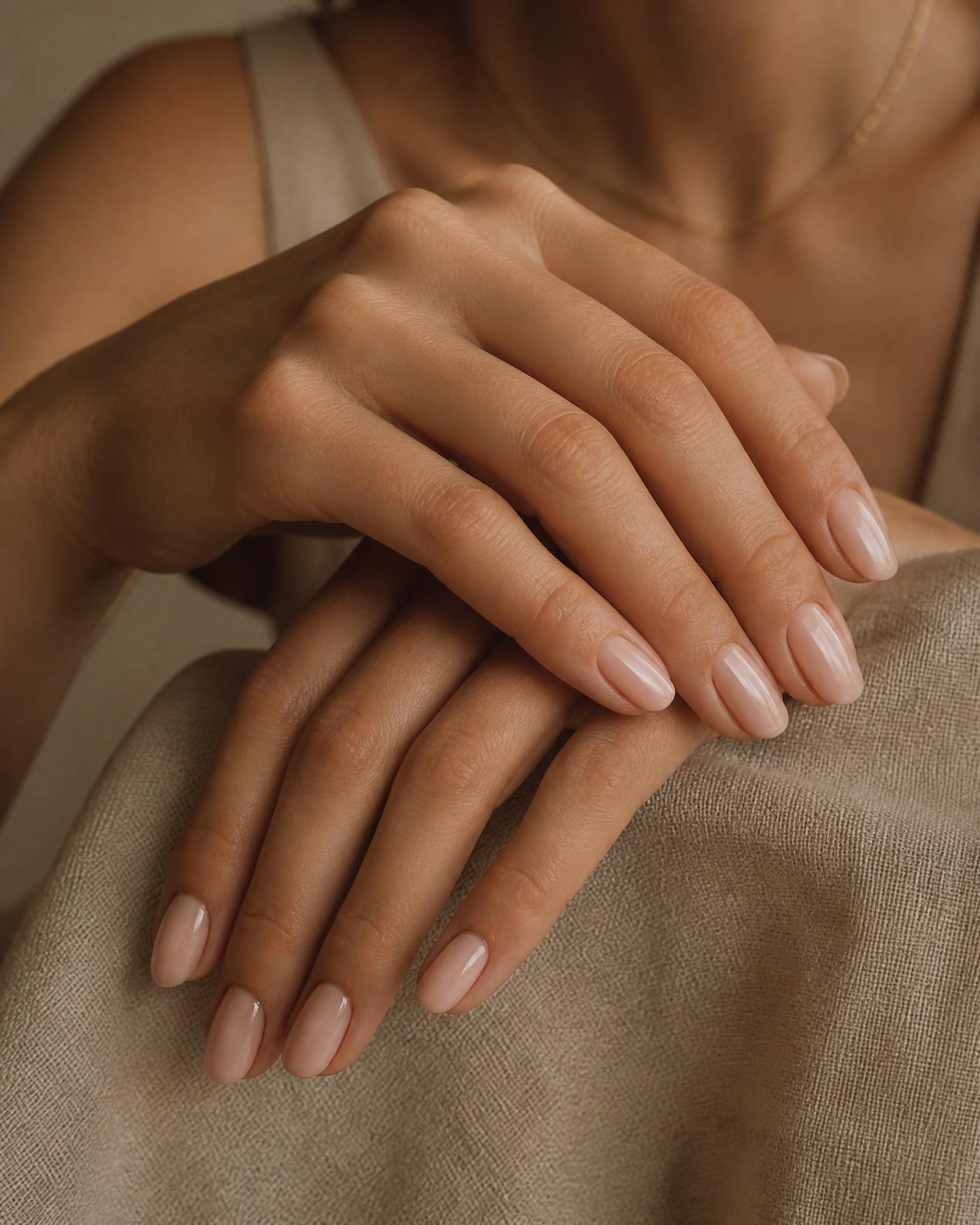 Hænder med en naturlig, blank manicure hvilende på hør