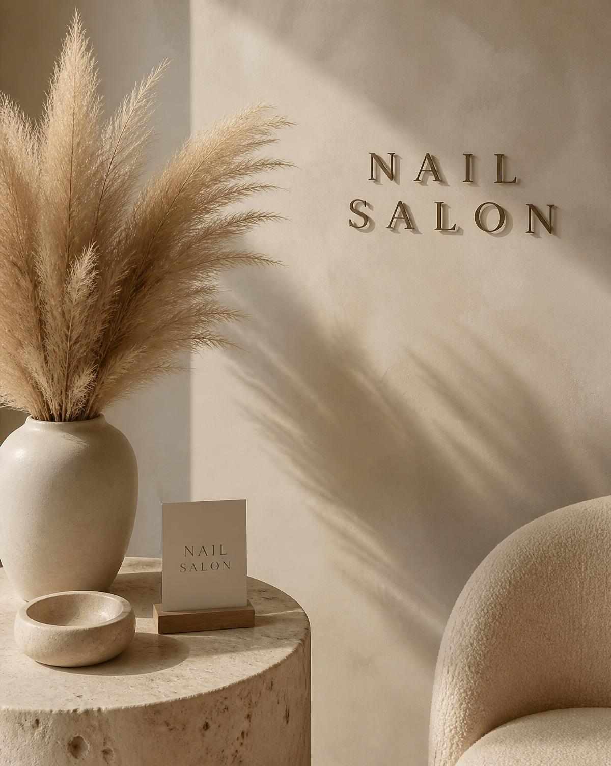 Roligt saloninteriør med tørret pampasgræs og varme beige vægge
